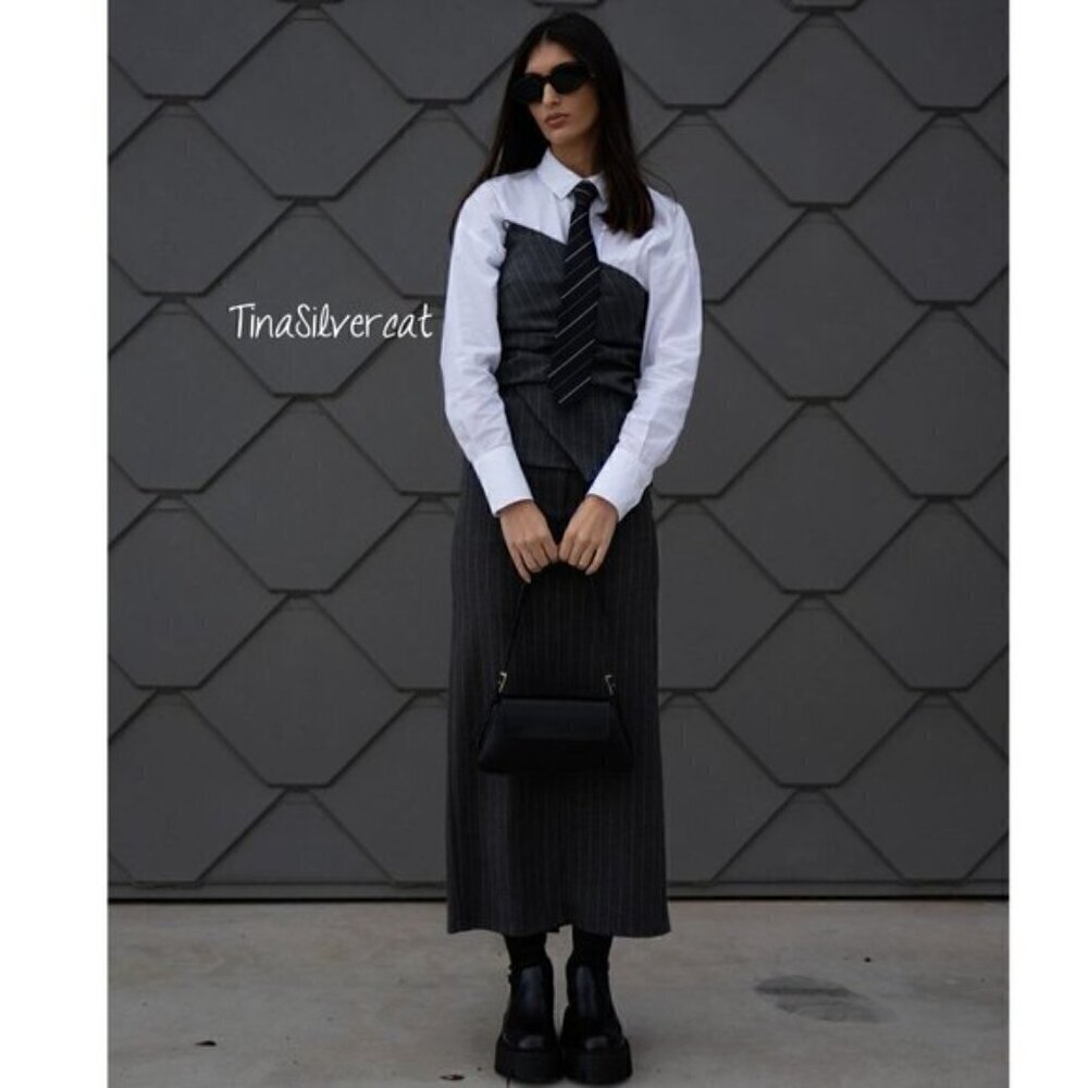 New Zara Pinstripe Strapless Ruched Dark Gray Corset Top XL Blogger Favorite - Picture 8 of 17